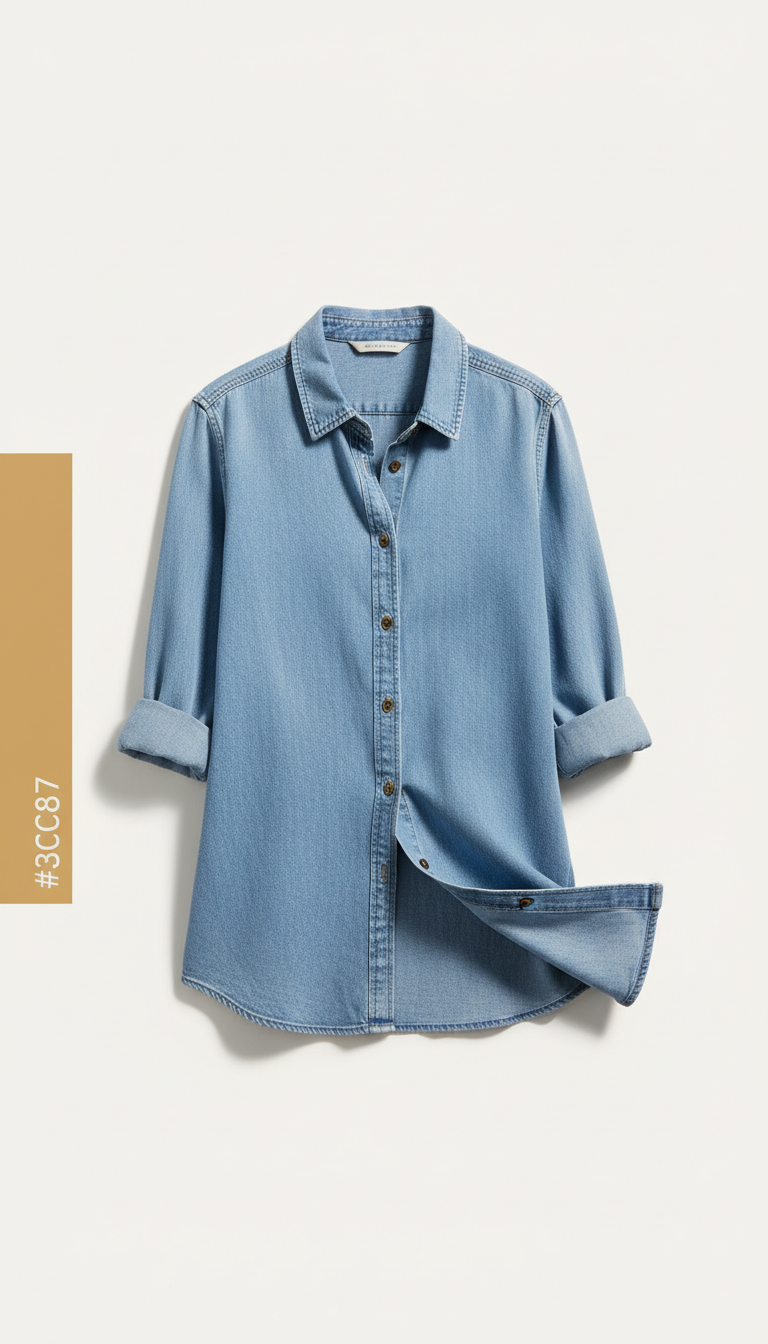 Soft Denim Shirt with Curved Hem